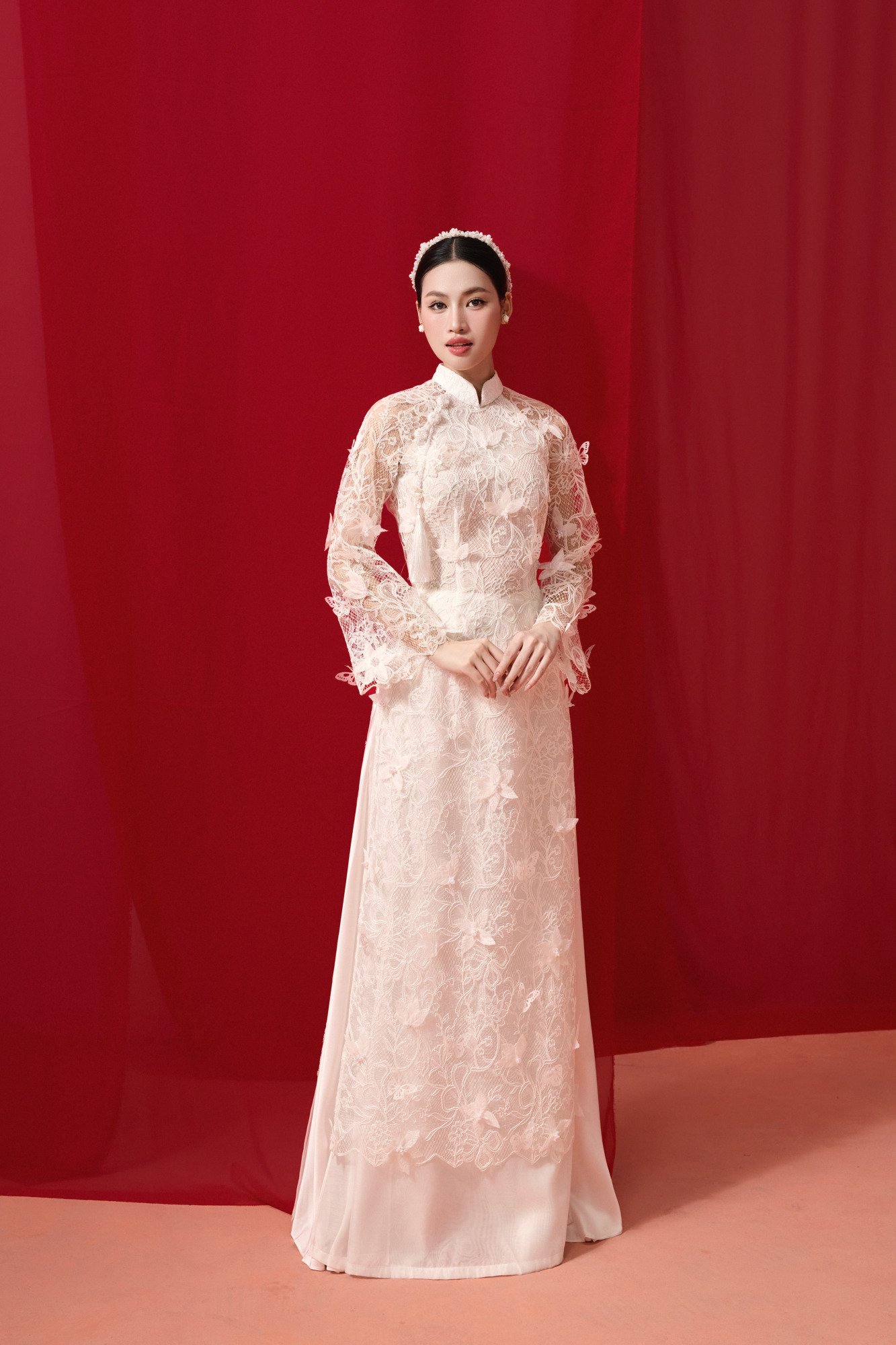 ÁO DÀI REN PHỐI HOA 3D