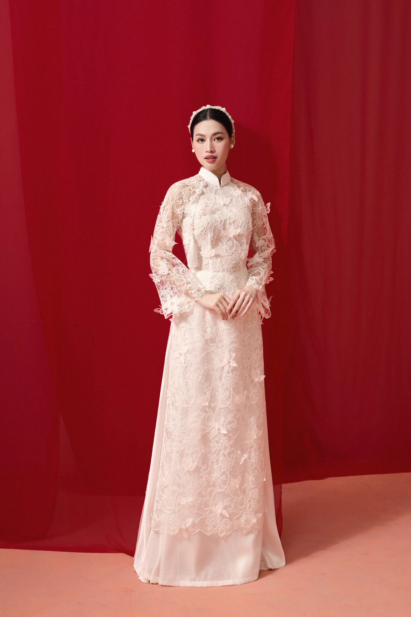 ÁO DÀI REN PHỐI HOA 3D