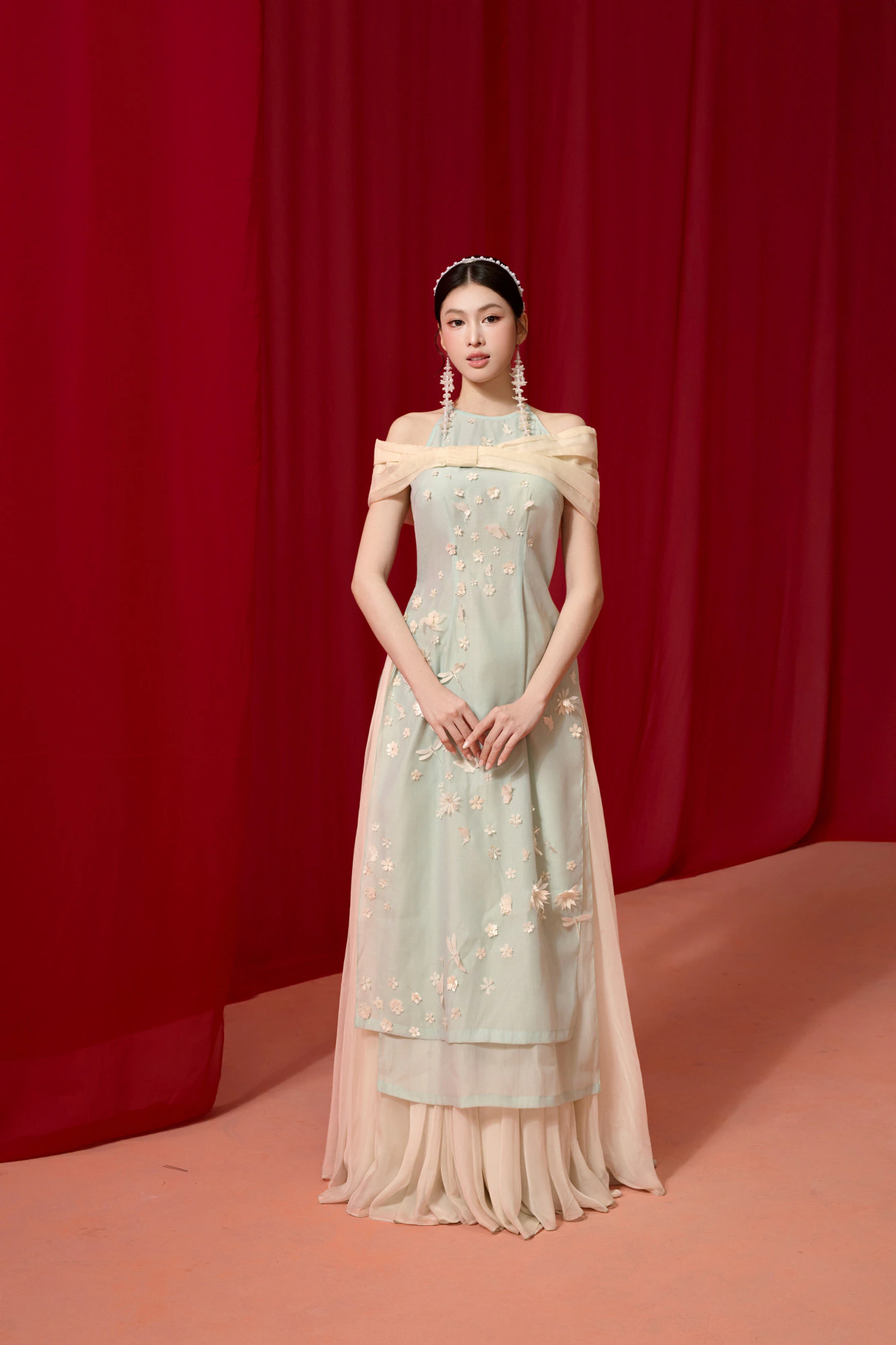 ÁO DÀI XANH ĐÍNH KẾT HOA 3D